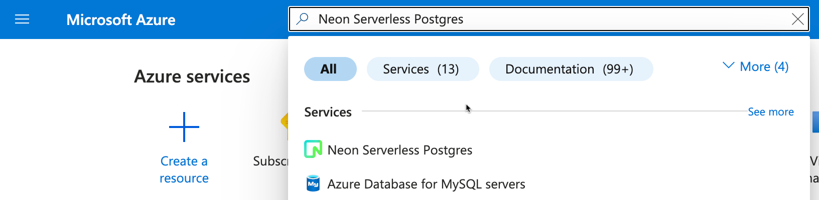 Search for Neon in the Azure Portal